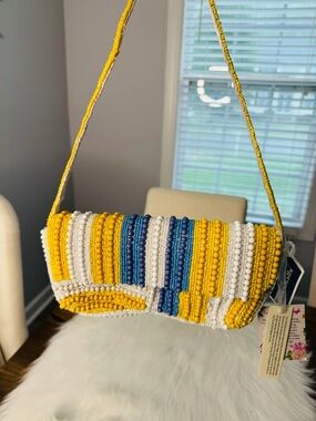 T.J.Maxx Yellow White & Blue Beaded Shoulder Bag